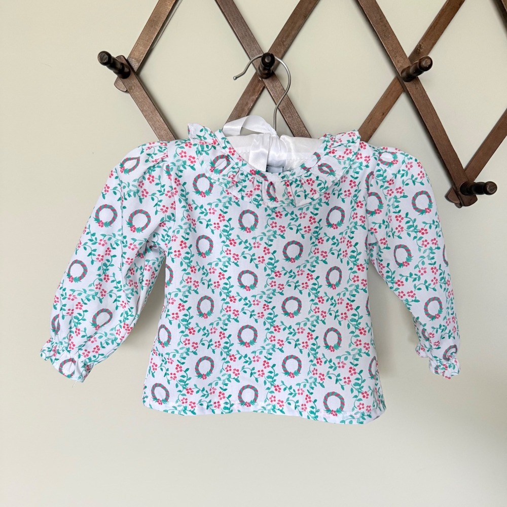 Classic Southern Smocks Girls Christmas Wreath Floral Ruffle Blouse White 12M